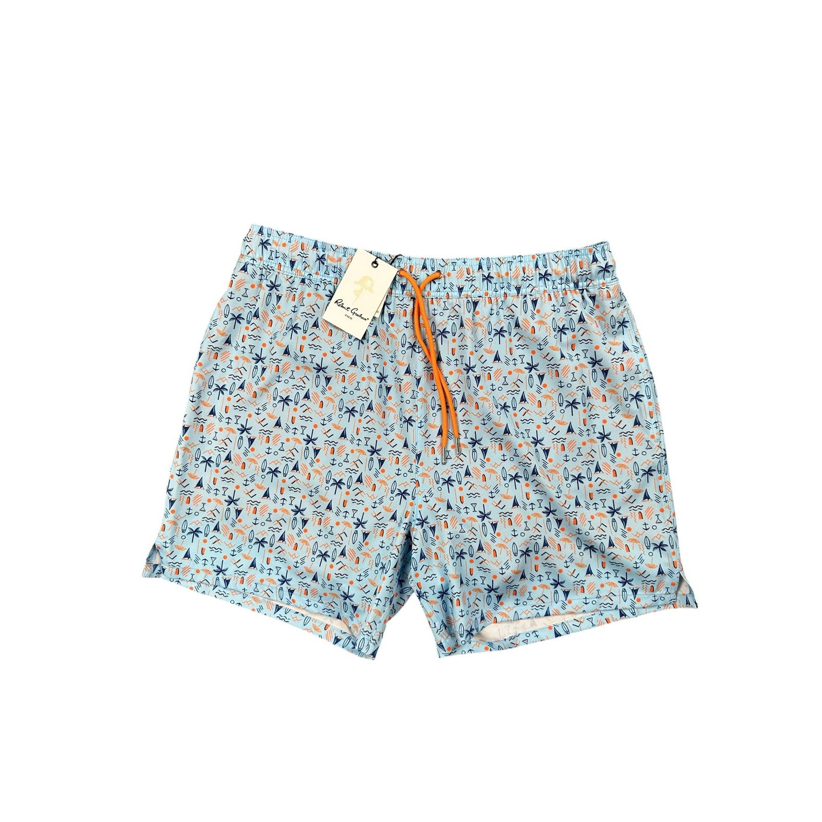 Robert Graham Beach Days Swim Trunks in Light Blue Navy and Orange — Size Large