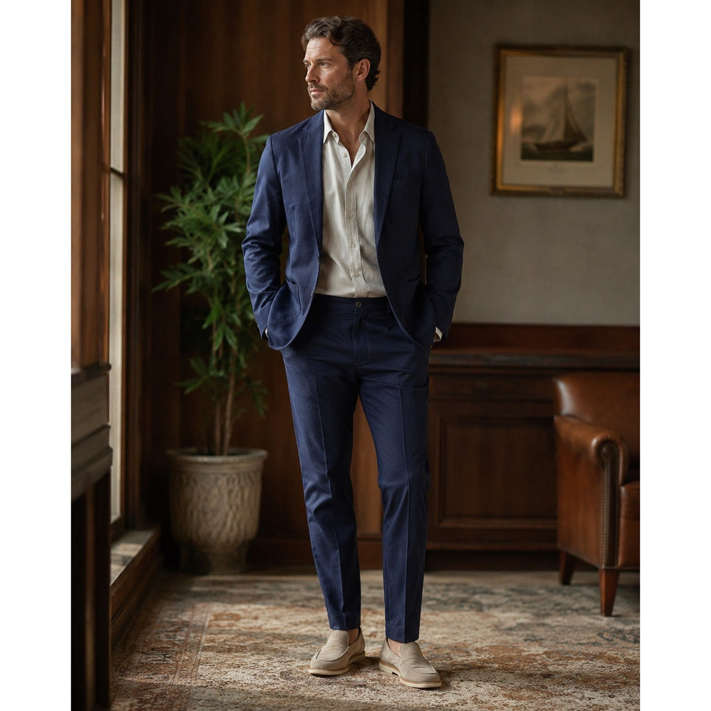 Ike Behar Unstructured Suit in Dark Navy Cotton Linen Spandex — Size Small