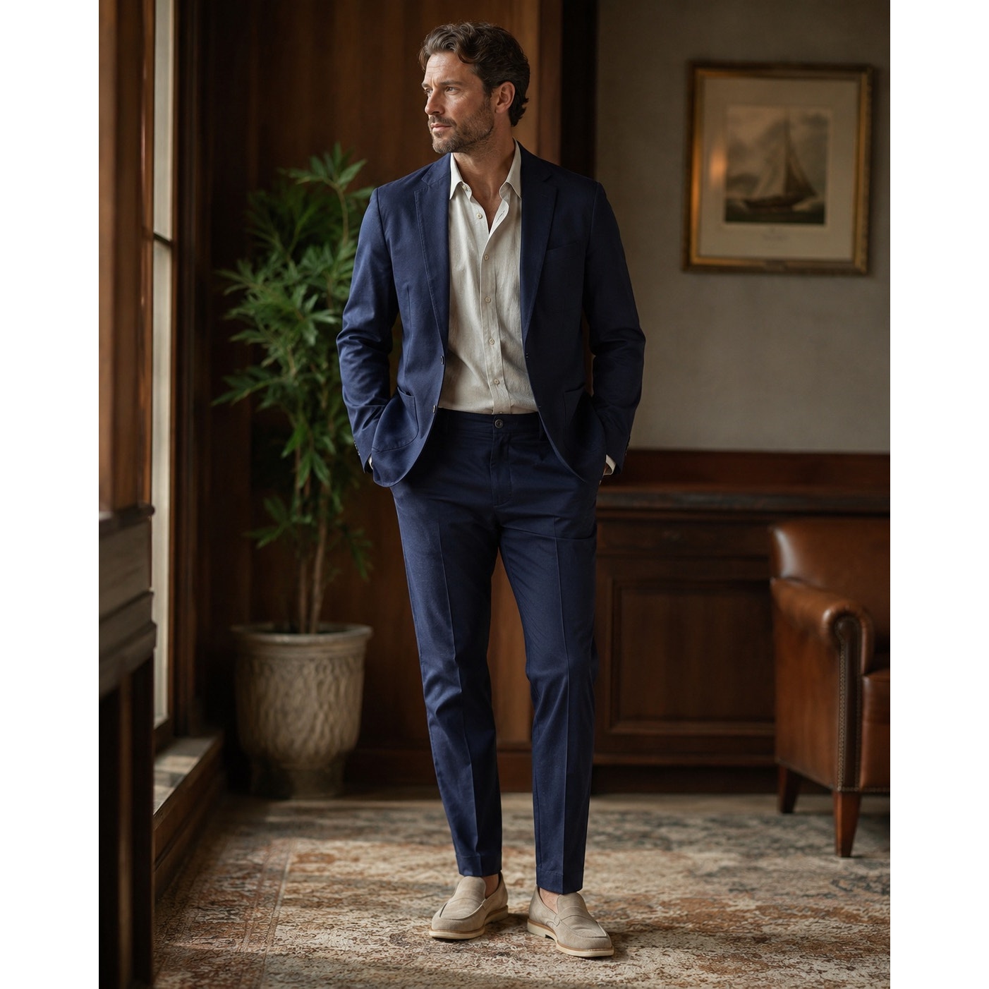 Ike Behar Unstructured Suit in Dark Navy Cotton Linen Spandex — Size Small