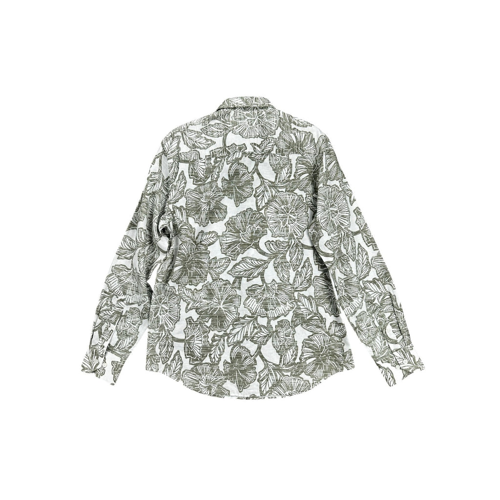 Bugatchi Julian Floral Linen Cotton Shaped Fit Long Sleeve Button Down in Olive White — Size Medium