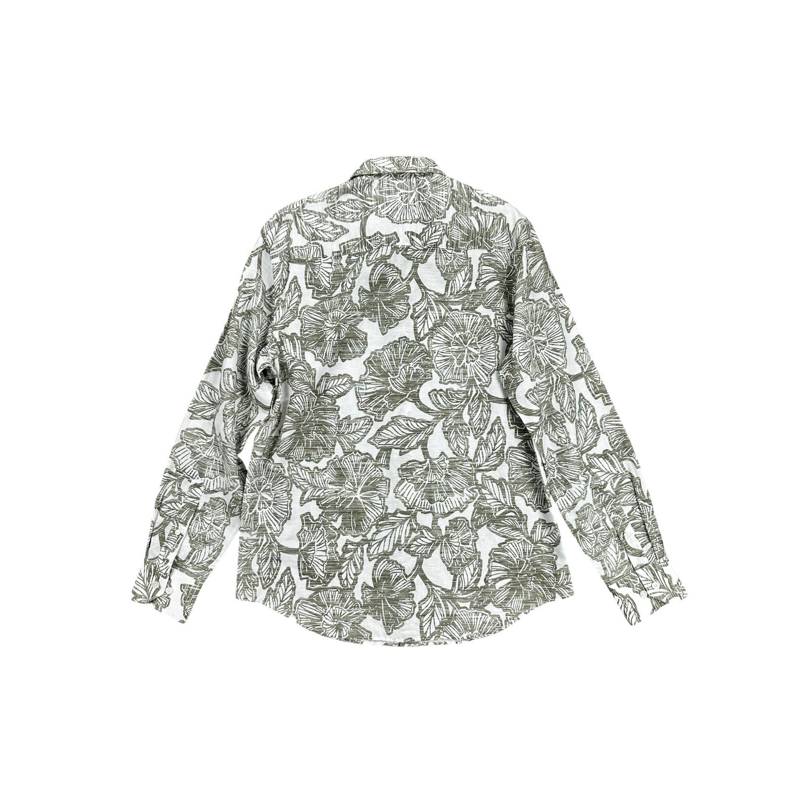 Bugatchi Julian Floral Linen Cotton Shaped Fit Long Sleeve Button Down in Olive White — Size Medium