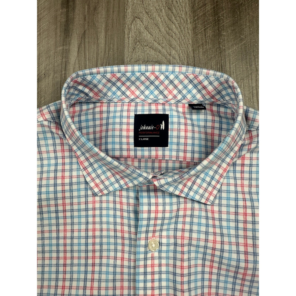 Johnnie-O Han Everyday Performance Long Sleeve Button Down in White with Pink, Navy and Blue — Size XL