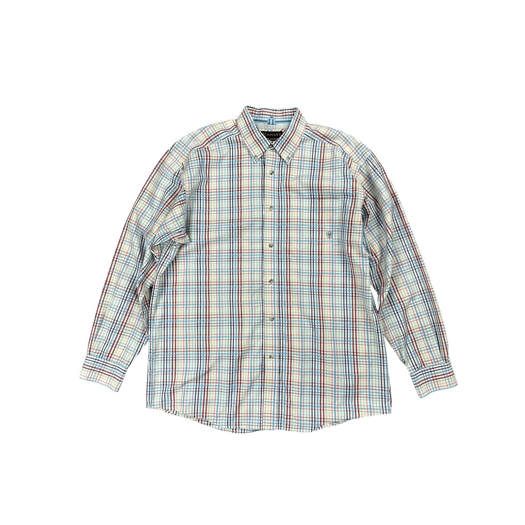 Ariat Pro Series Plaid Long Sleeve Button Down Shirt in White Light Blue Red Blue Charcoal Yellow and Coral — Size XL // Preowned