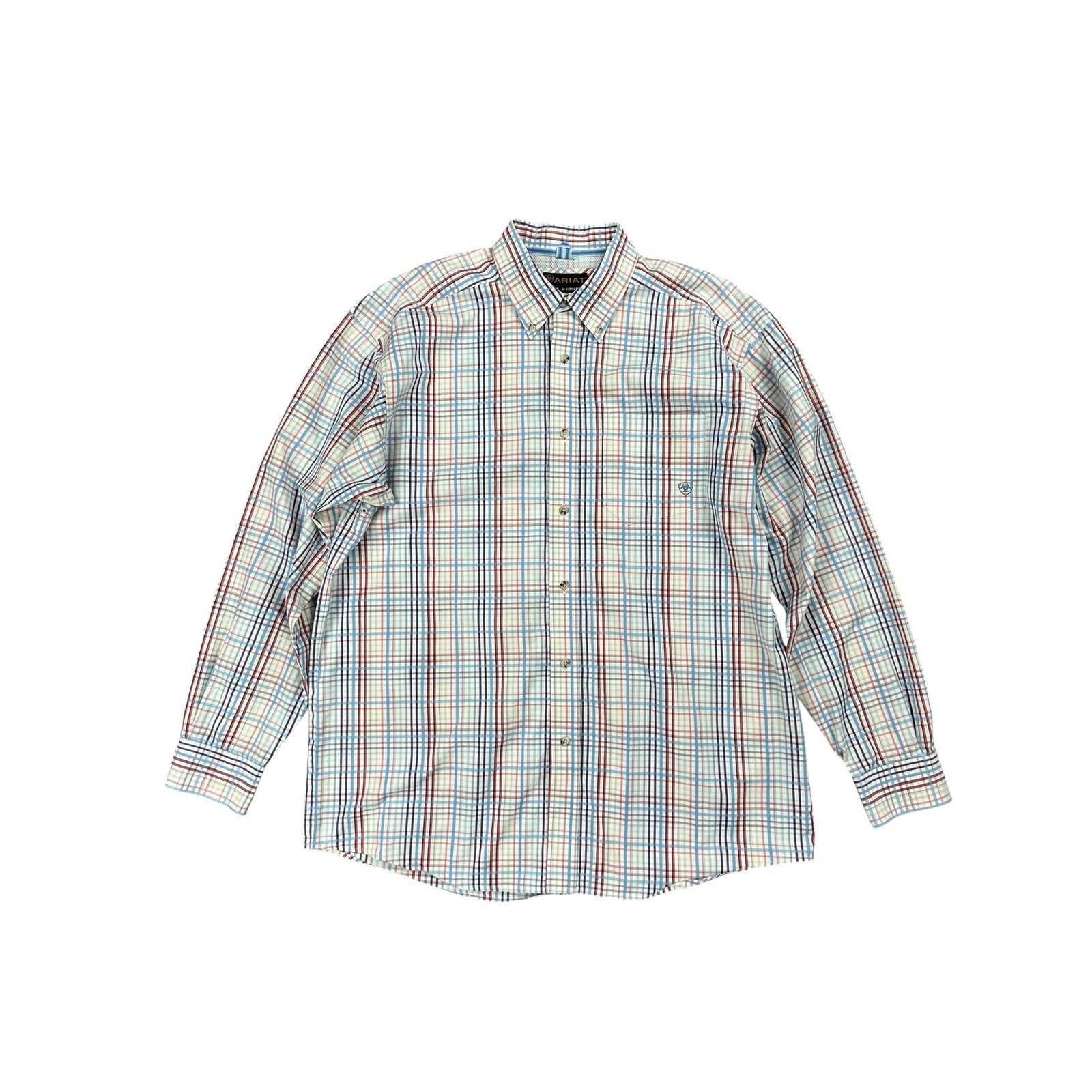 Ariat Pro Series Plaid Long Sleeve Button Down Shirt in White Light Blue Red Blue Charcoal Yellow and Coral — Size XL // Preowned