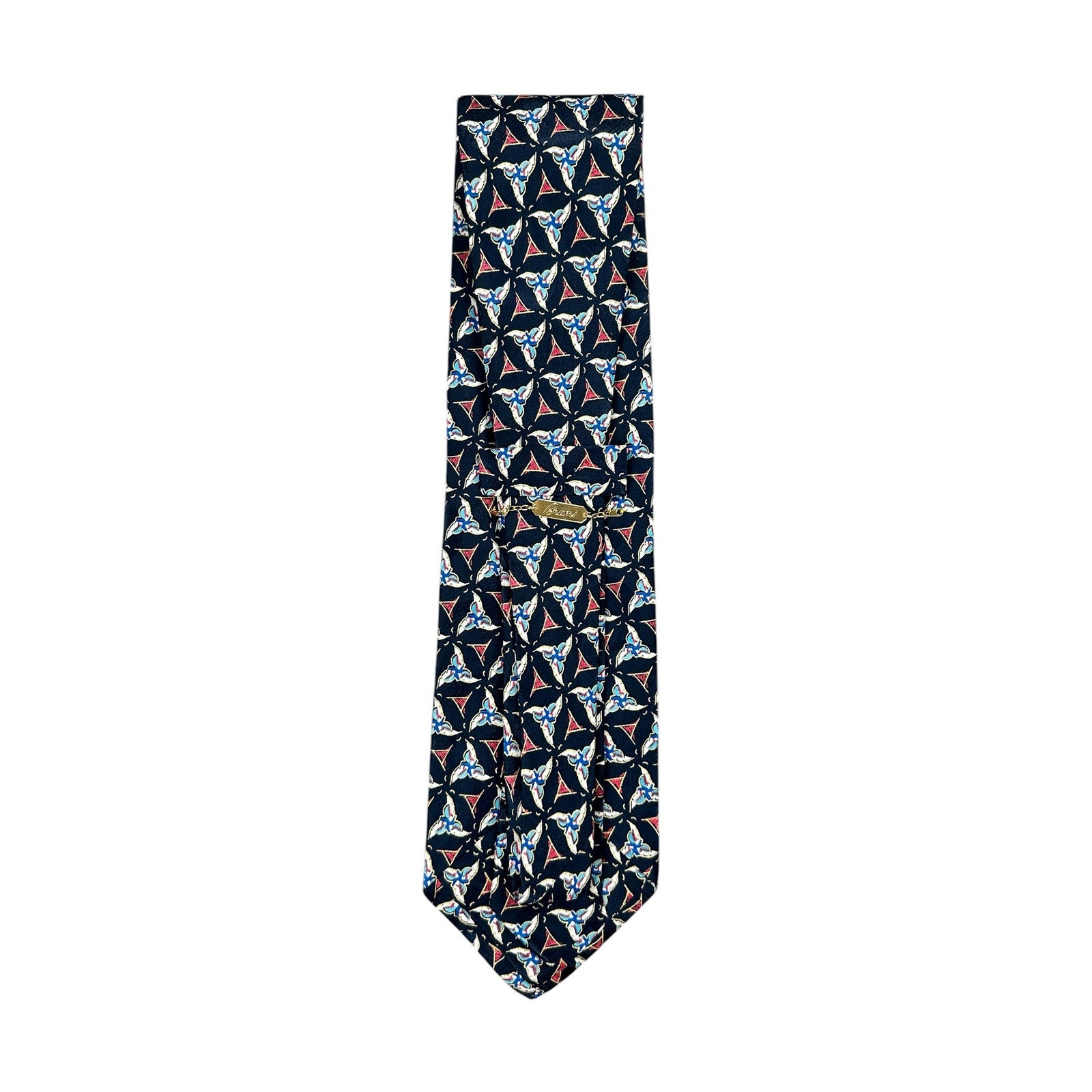 Brioni Geometric Triskelion Tessellation Made in Italy Silk Tie in Navy with Red, Gold, Blue, White — Size OS // Preowned