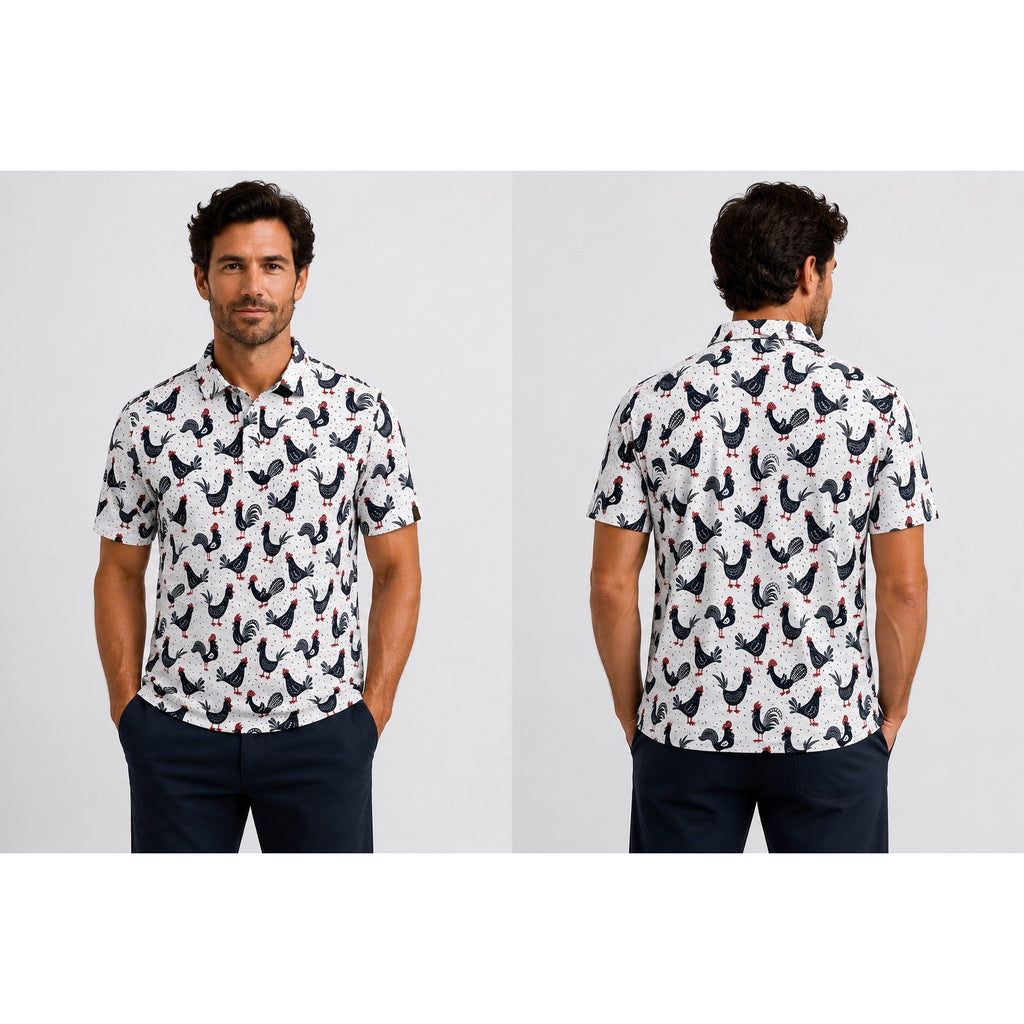 Iron Oak Cock-a-doo Western Performance Golf Pearl Snap Polo in White, Red and Navy — Size Medium // Preowned