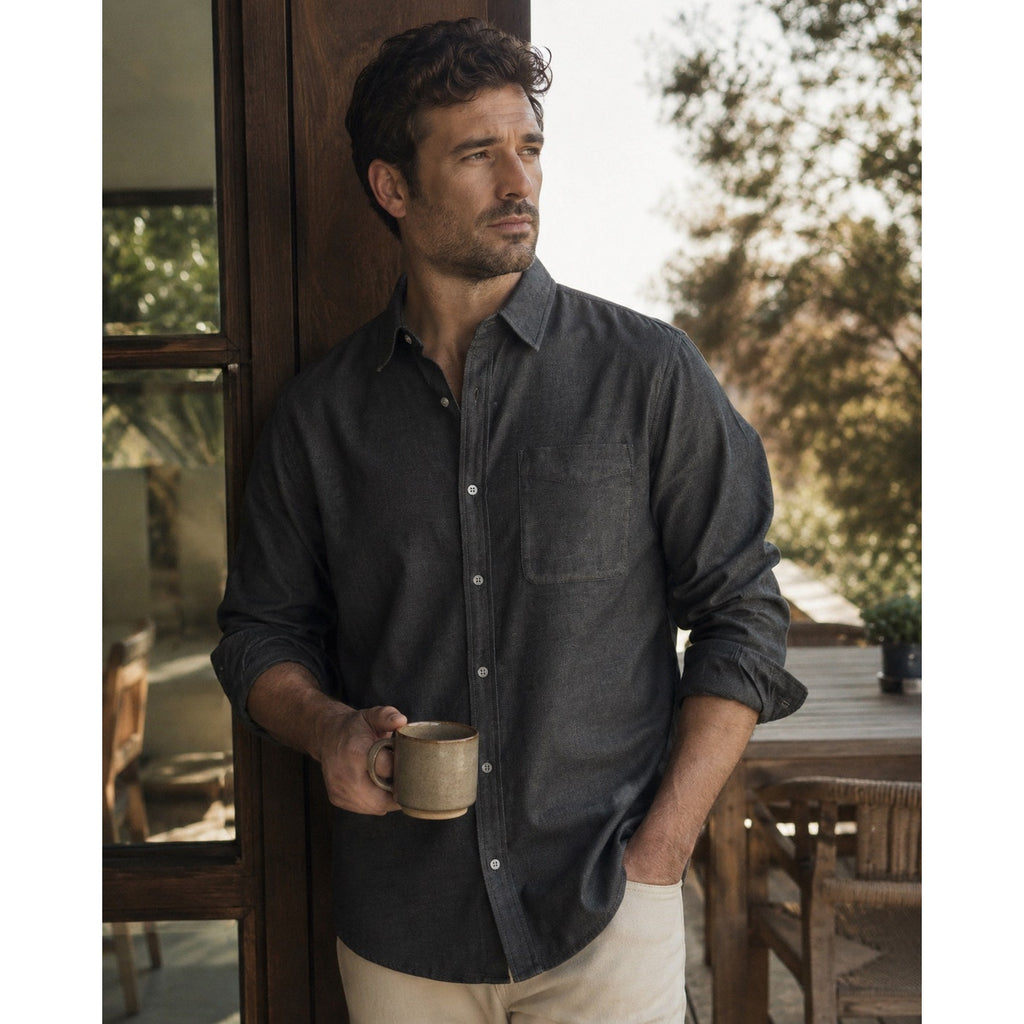 Buck Mason One Pocket Long Sleeve Button Down in Black and Charcoal — Size Large // Preowned