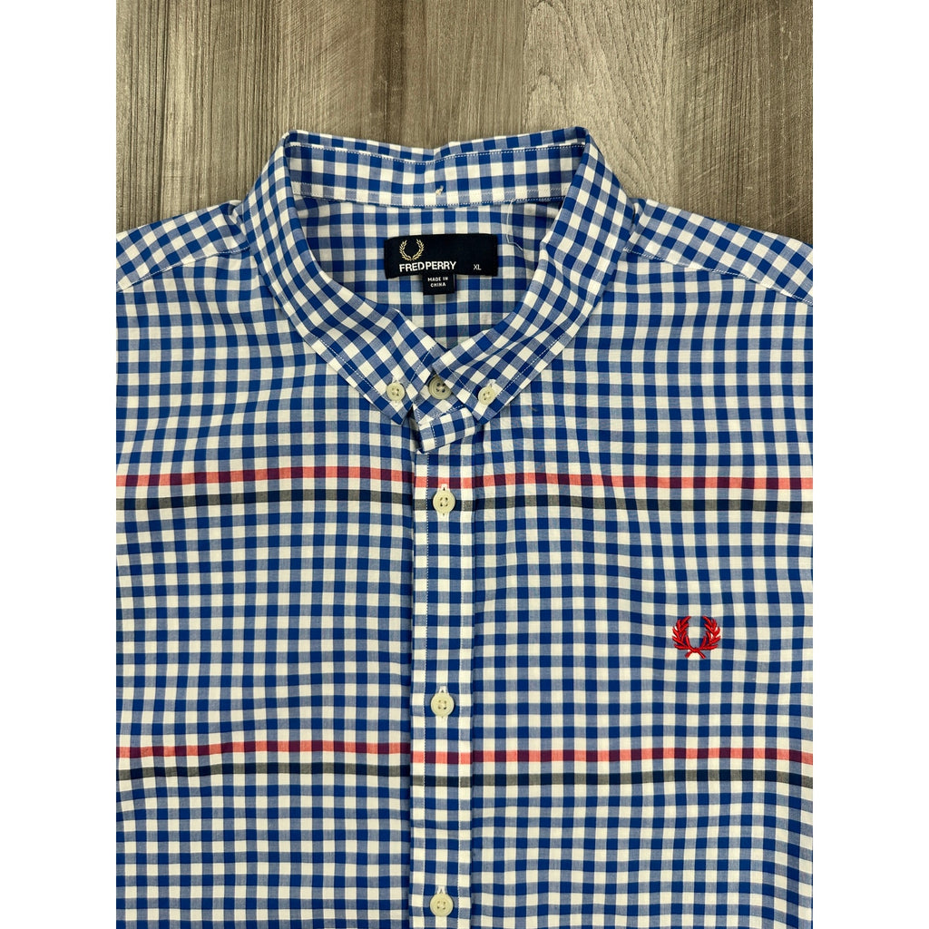 Fred Perry Gingham Short Sleeve Button Down in Blue Red White — Size XL // Preowned