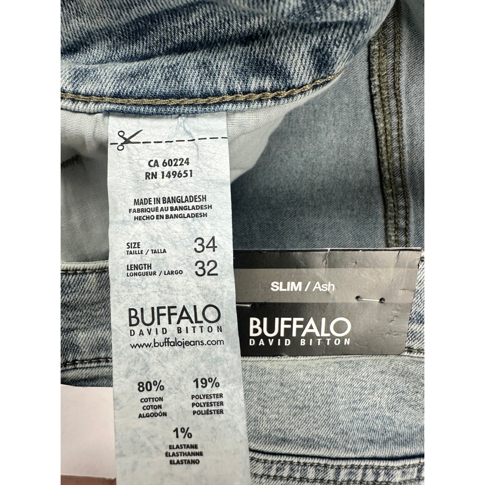 Buffalo David Bitton Ash Slim Stretch Jeans in Bleached and Blasted — Size 34x32