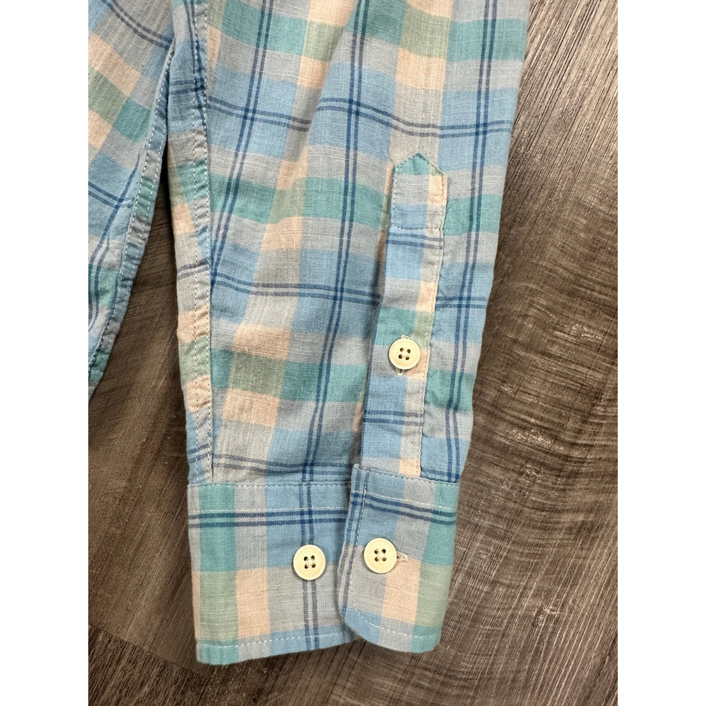 The Normal Brand Plaid Long Sleeve Button Down in Light Blue Light Green Cream and Light Navy — Size XL // Preowned