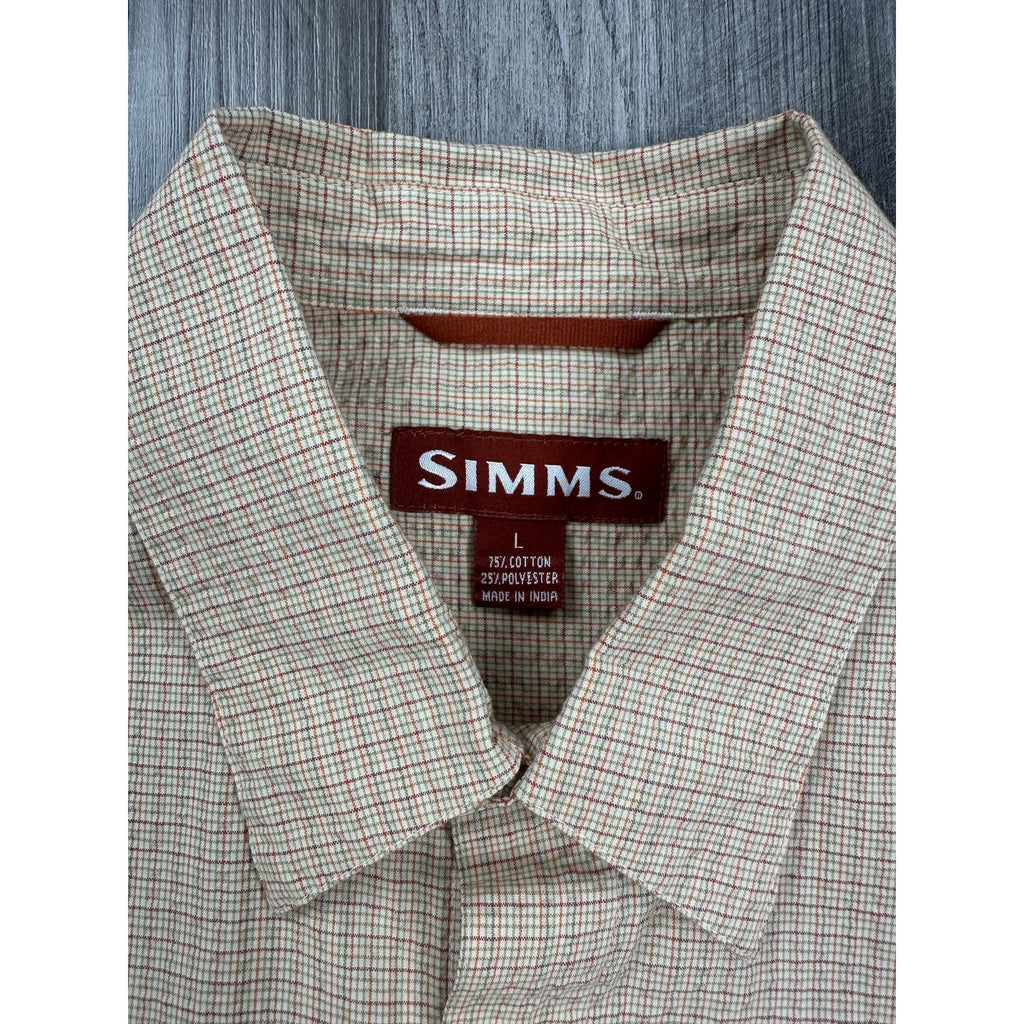 Simms Plaid Seersucker COR3 Short Sleeve Fishing Shirt in Cream Tan Olive Red Orange — Size Large // Preowned