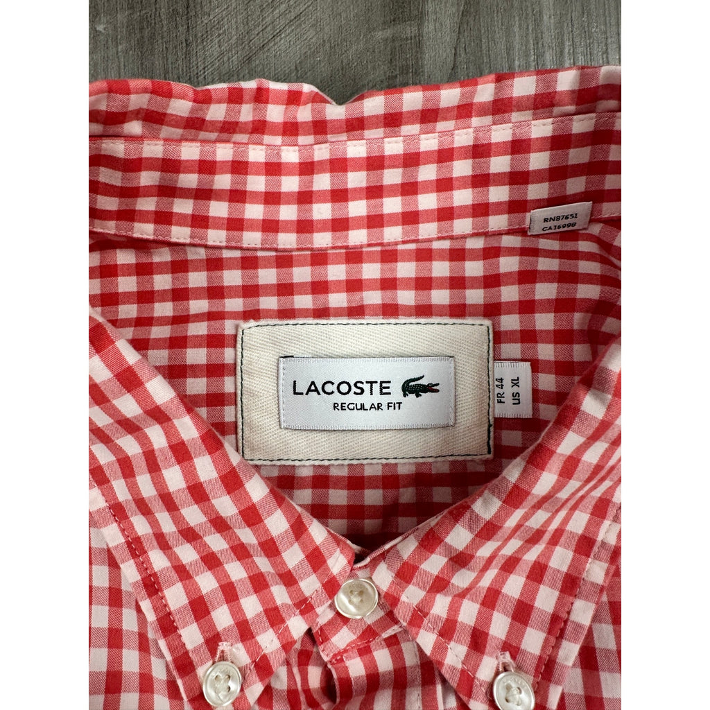 Lacoste Short Sleeve Regular Fit Gingham Poplin Shirt in Red, White — Size XL // Preowned