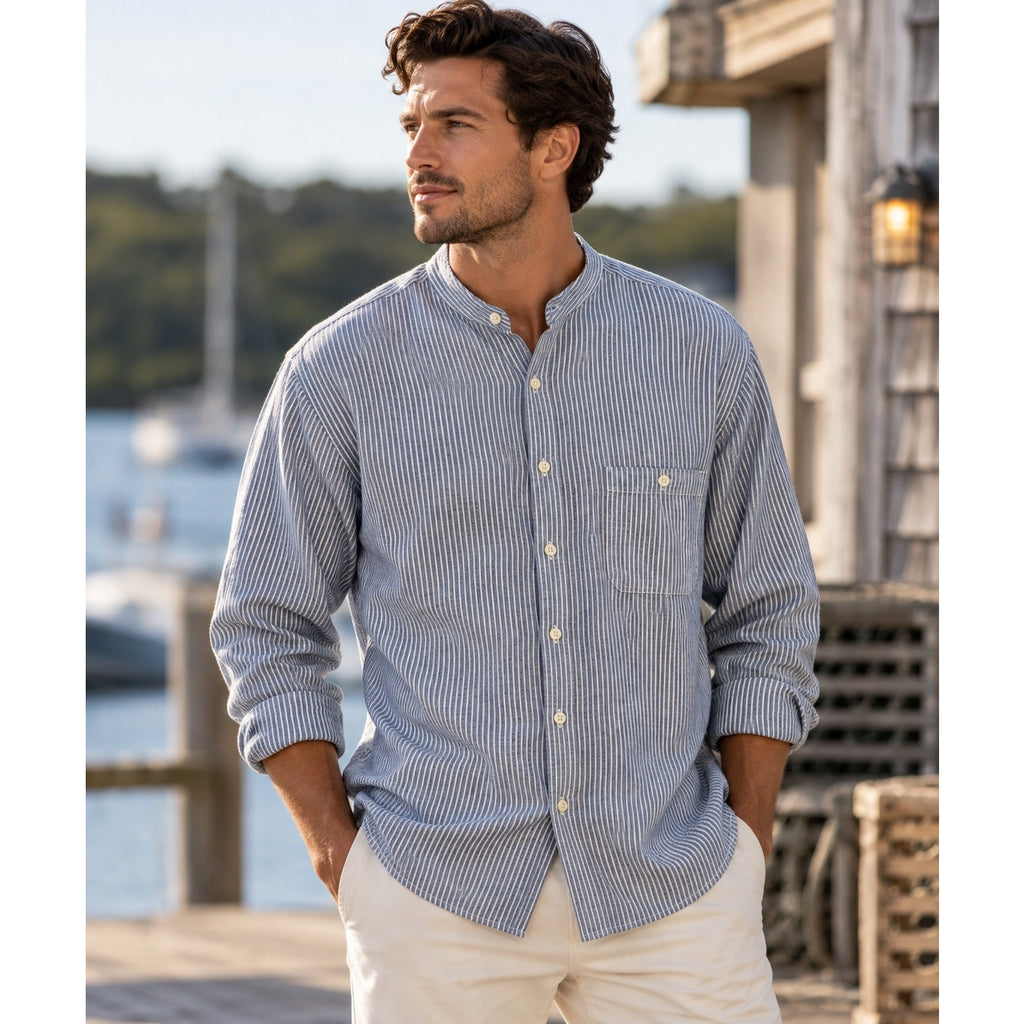 Orvis Band Collar Linen Blend Striped Long Sleeve Button Down Shirt — Size 2XL // Preowned