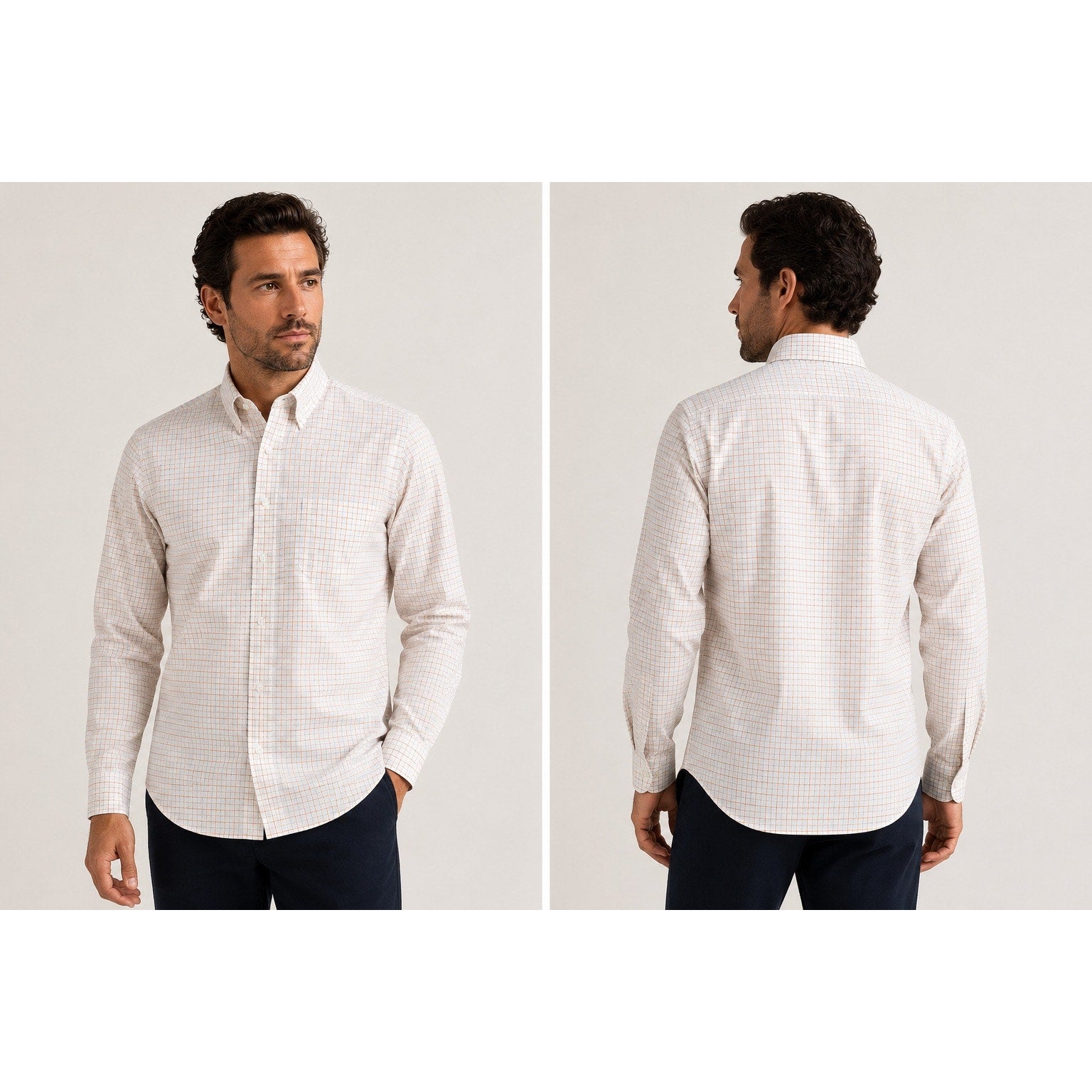 Brooks Brothers Milano Non-Iron Checkered Windowpane Long Sleeve Button Down in White Orange — Size Small // Preowned