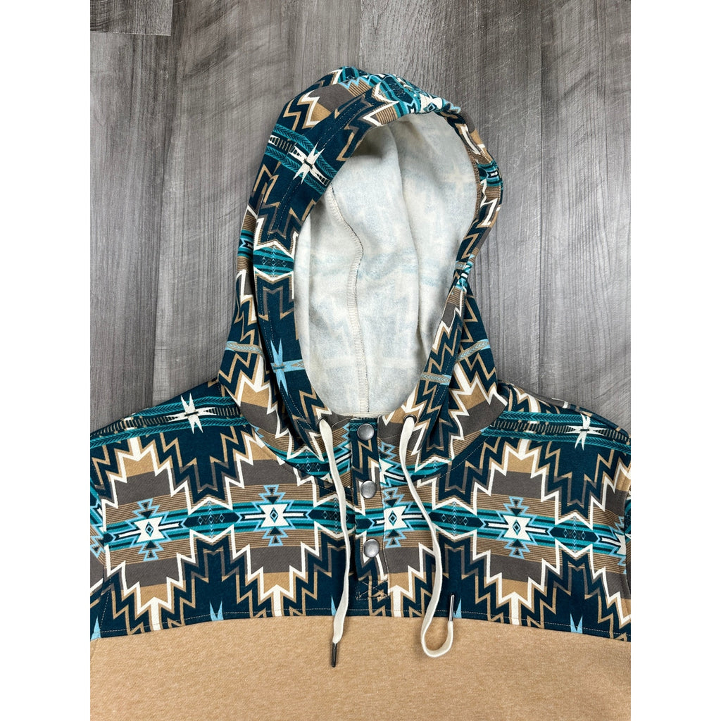 Rock & Roll Denim Aztec Color Block Graphic Tan Henley Hoodie — Size XL // Preowned