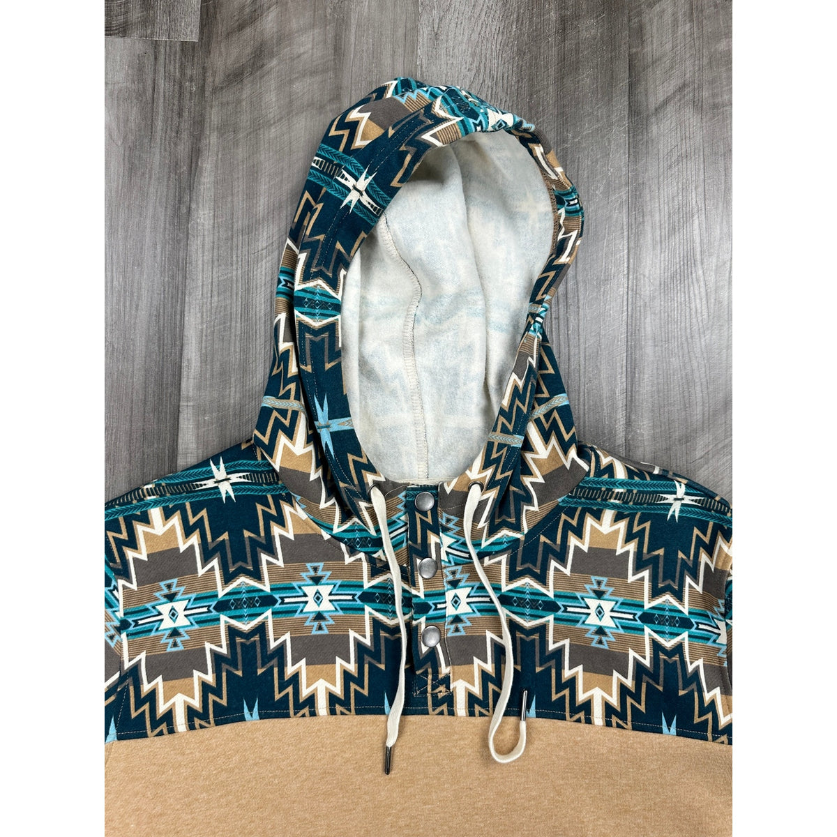 Rock & Roll Denim Aztec Color Block Graphic Tan Henley Hoodie — Size XL // Preowned