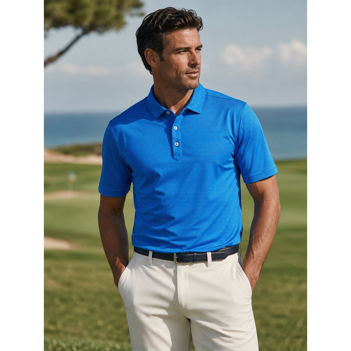 Stitch Golf Performance Striped Golf Polo in Aqua Blue — Size Large // Preowned