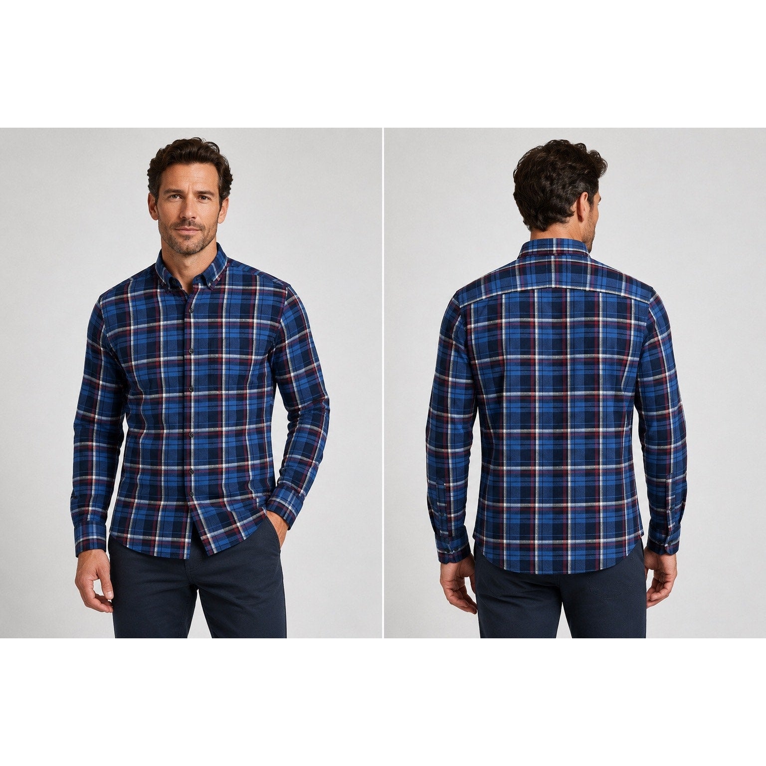 Mizzen+Main City Flannel Plaid Trim Fit Long Sleeve Button Down in Dark Blue — Size Small