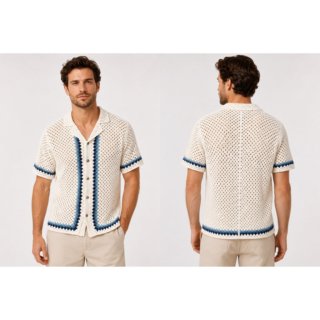 Marine Layer Archive Ace Crochet Resort Short Sleeve Shirt in Natural Border — Size Large