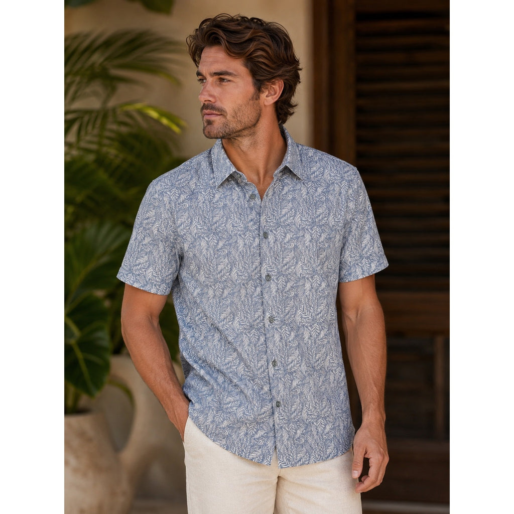 Bugatchi Milo Leaf Print OoohCotton 8-Way Stretch Shirt in Lilac — Size Large