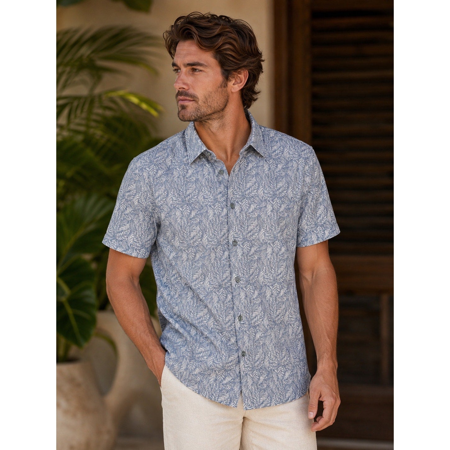 Bugatchi Milo Leaf Print OoohCotton 8-Way Stretch Shirt in Lilac — Size Large