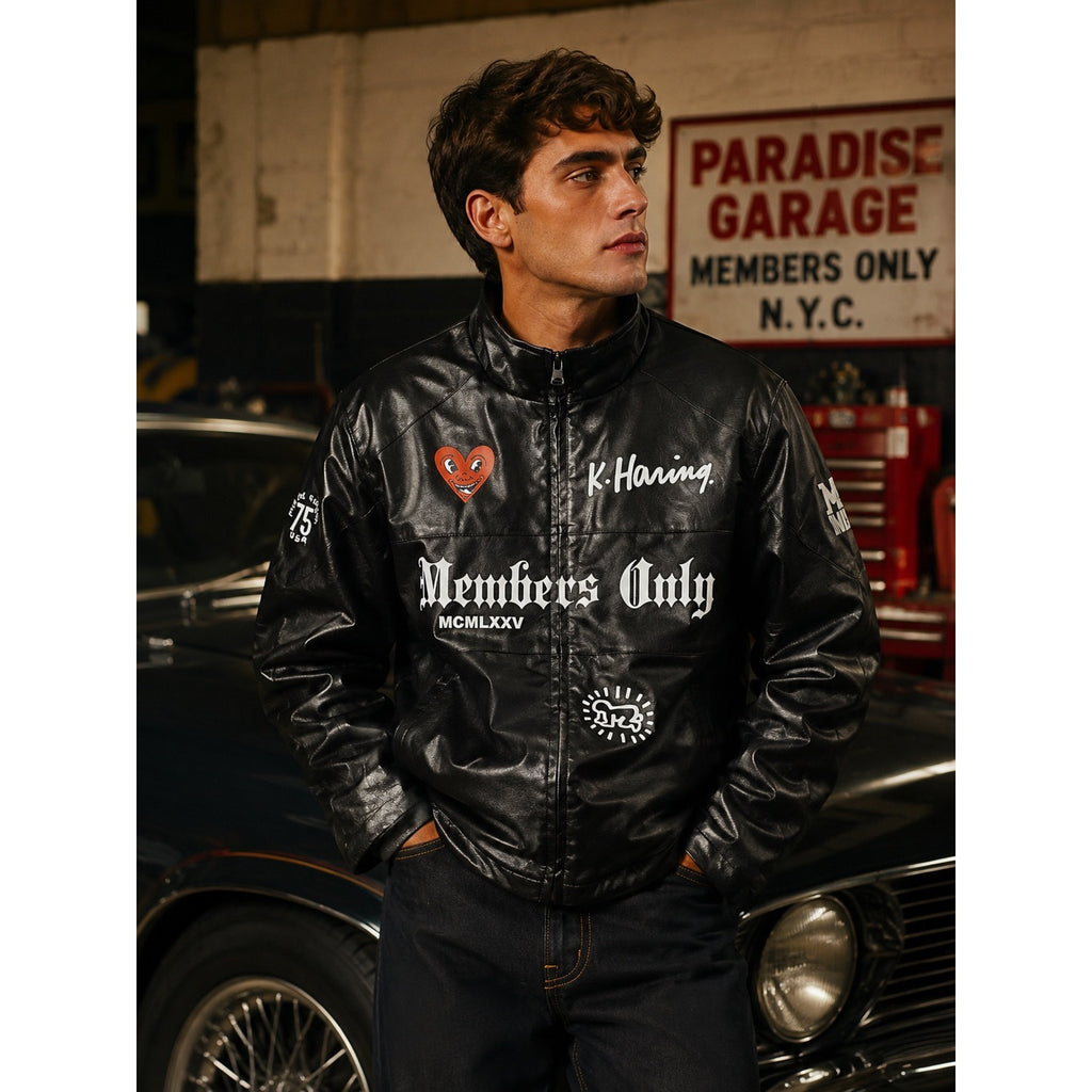 Members Only x Keith Haring Paradise Garage Racing Faux Leather Jacket in Black — Size Large