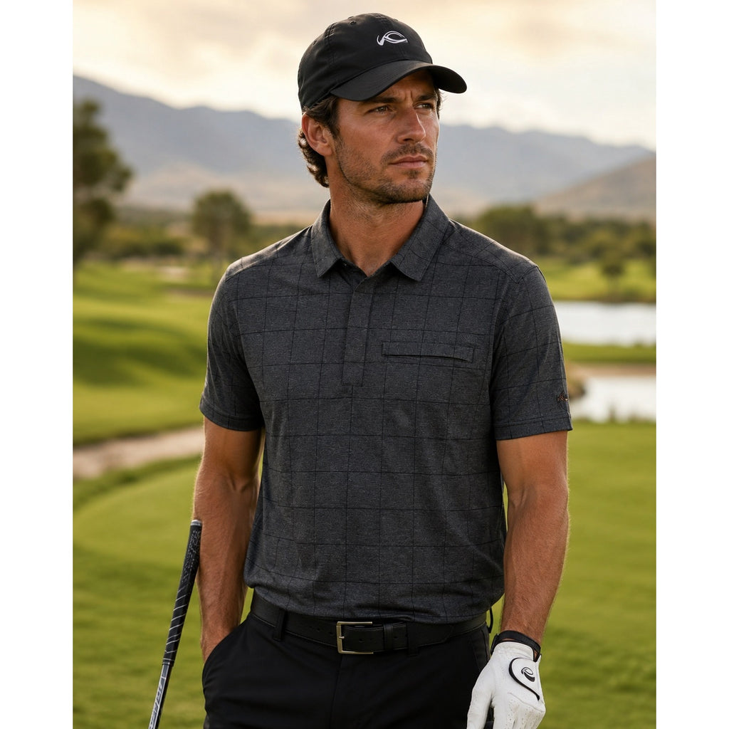 KJUS Inverness Windowpane Tech Polo in Charcoal, Black — Size 52 (Large)