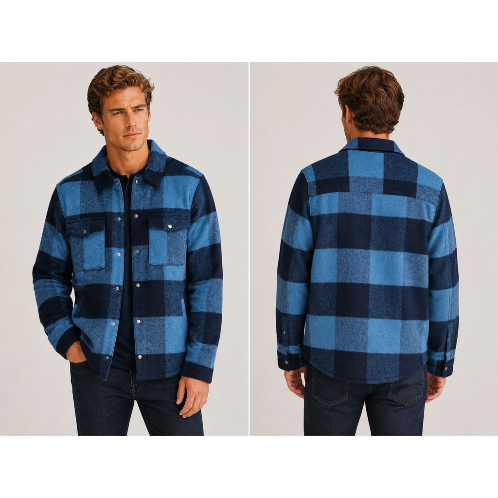 VRST Wool Blend Plaid Shirt Jacket Shacket in Navy Blue Checkered — Size Medium // Preowned