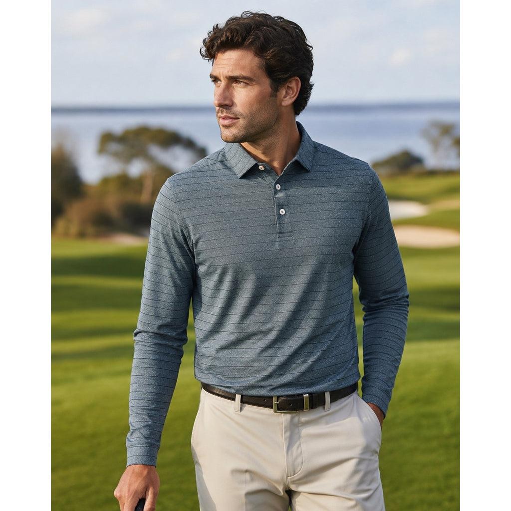 KJUS Soren Melange Stripe Long Sleeve Polo in Petrol Blue, Iron — Size 50 (Medium)