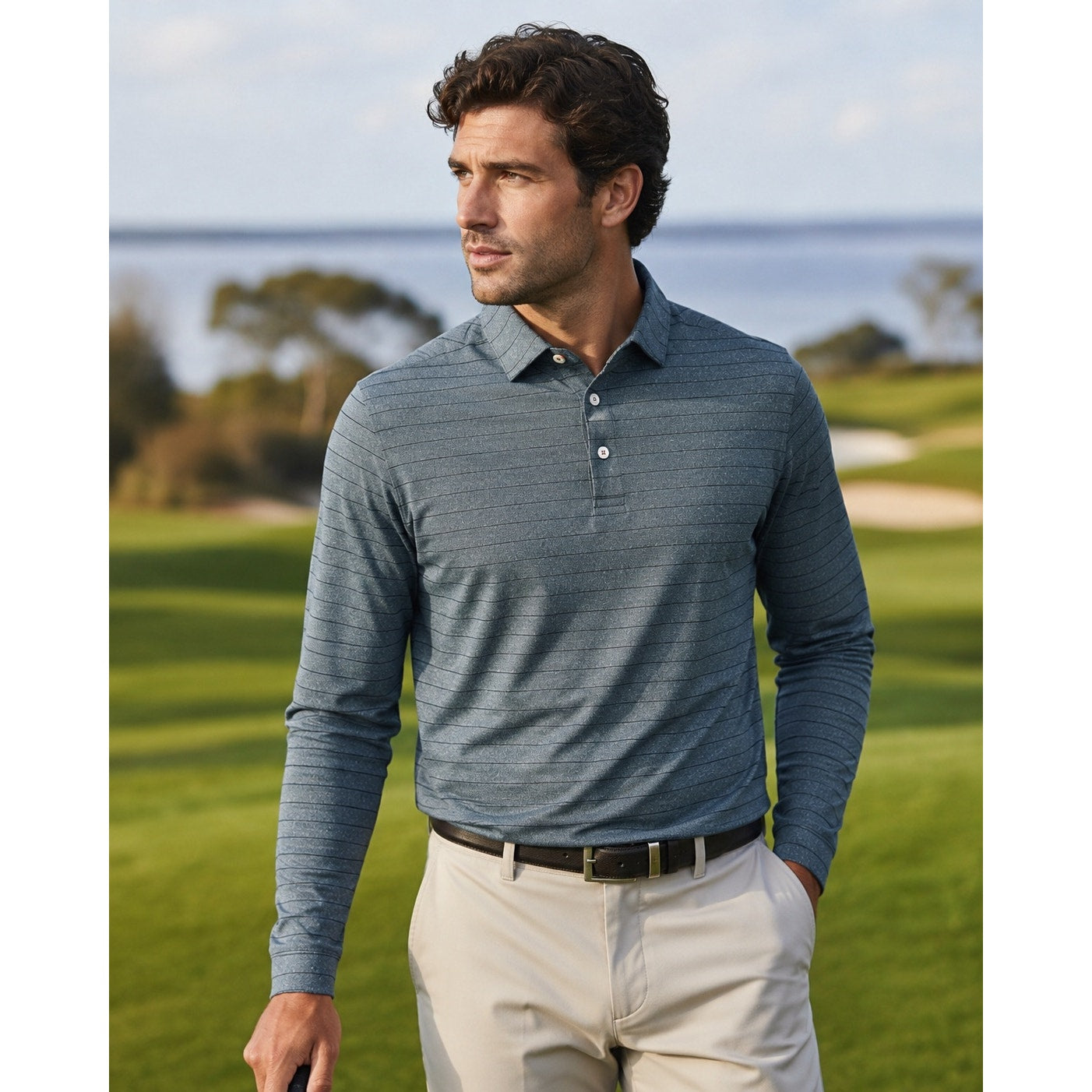 KJUS Soren Melange Stripe Long Sleeve Polo in Petrol Blue, Iron — Size 50 (Medium)
