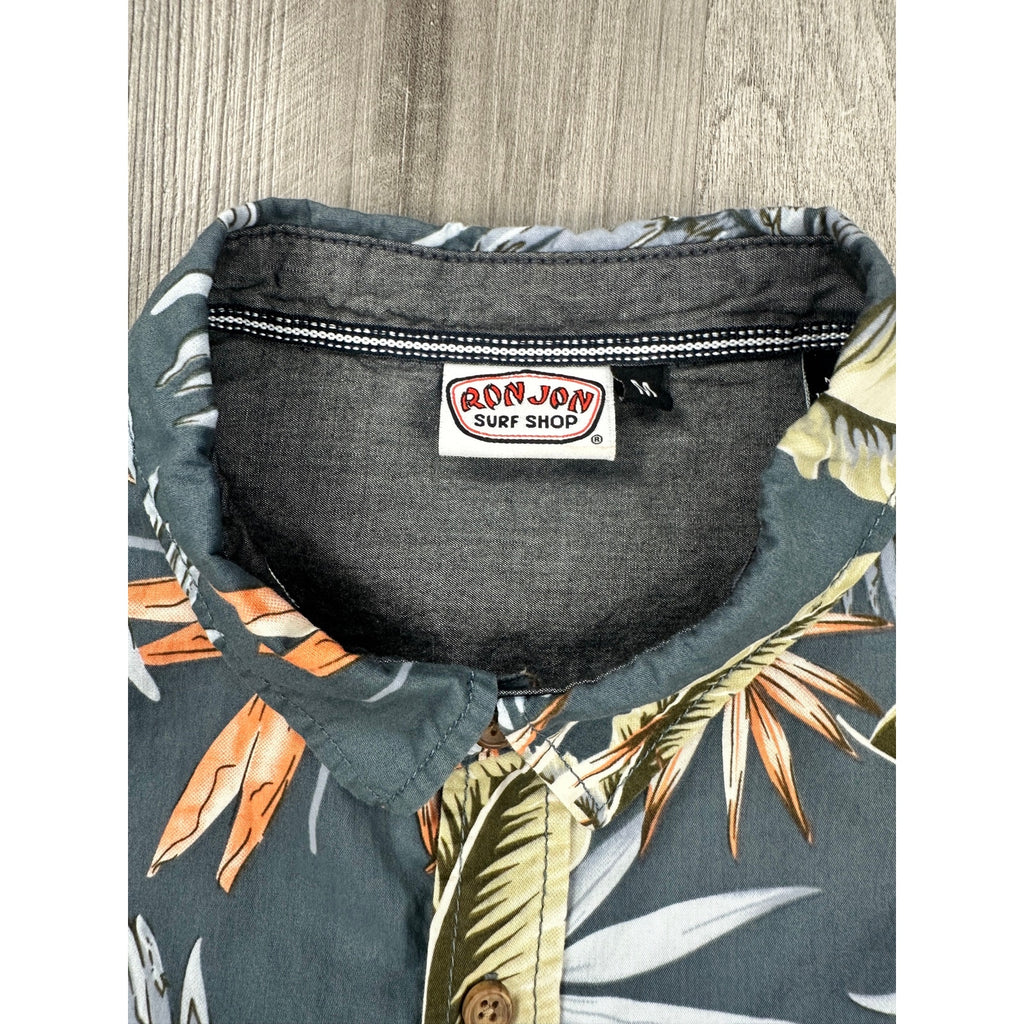 Ron Jon Surf Shop Hawaiian Tropical Short Sleeve Button Down in Dark Slate Blue Green Orange — Size Medium // Preowned