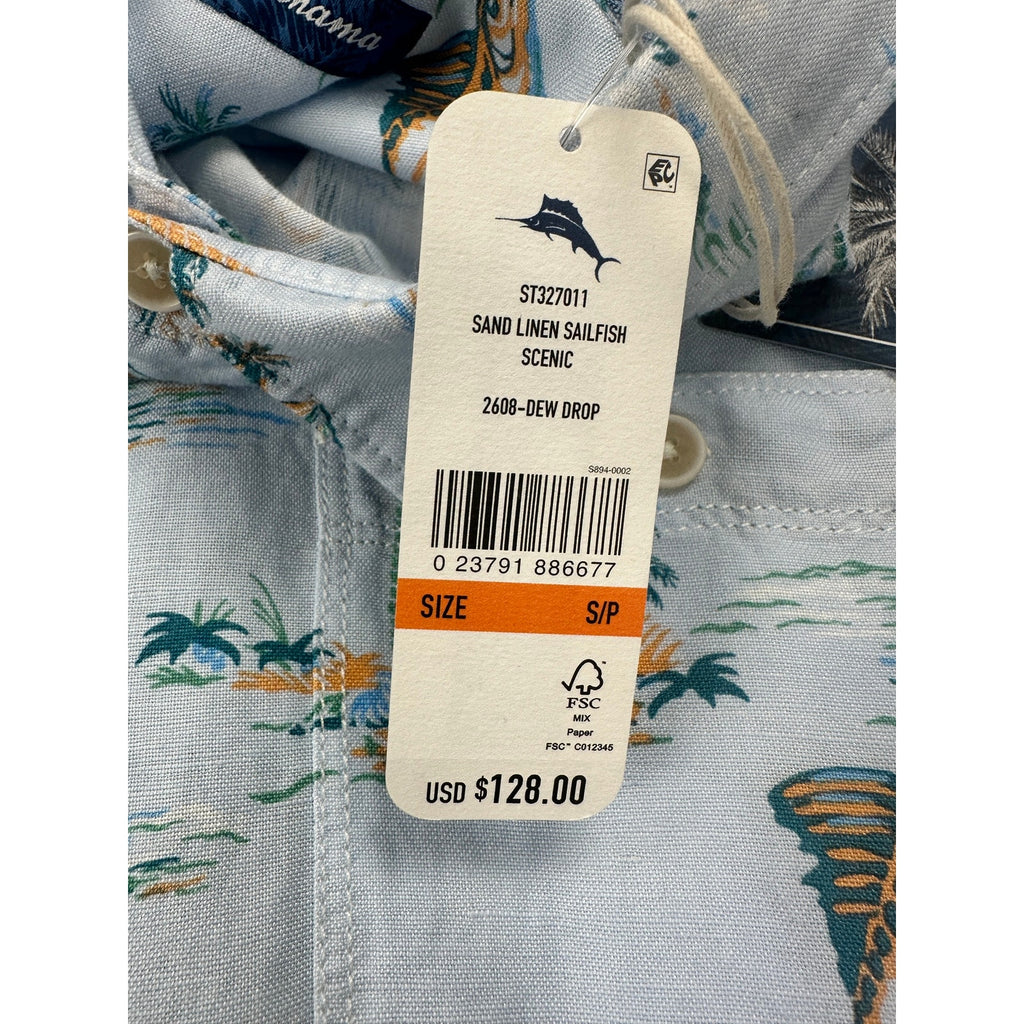 Tommy Bahama Sand Linen Sailfish Scenic Indigo Palms Short Sleeve Button Down in Dew Drop — Size Small