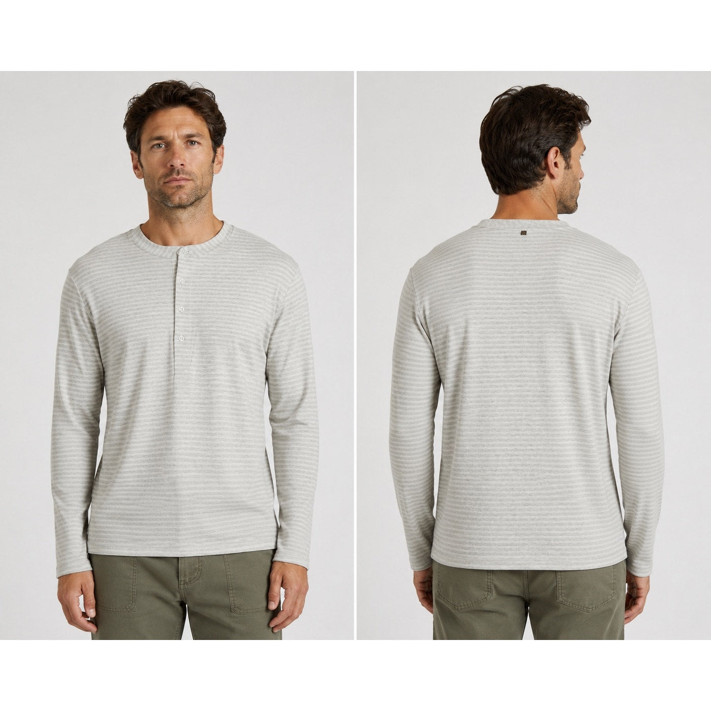 Billy Reid Louis Striped Slim Fit Long Sleeve Henley in Cream, Gray — Size Medium // Preowned