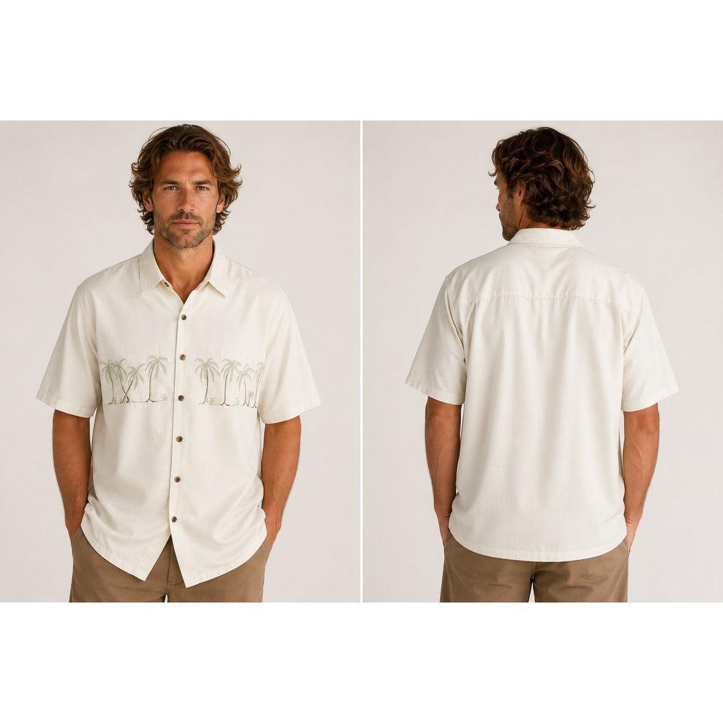 Bamboo Cay Hawaiian Tropical Palms Short Sleeve Button Down in Cream — Size L // Preowned