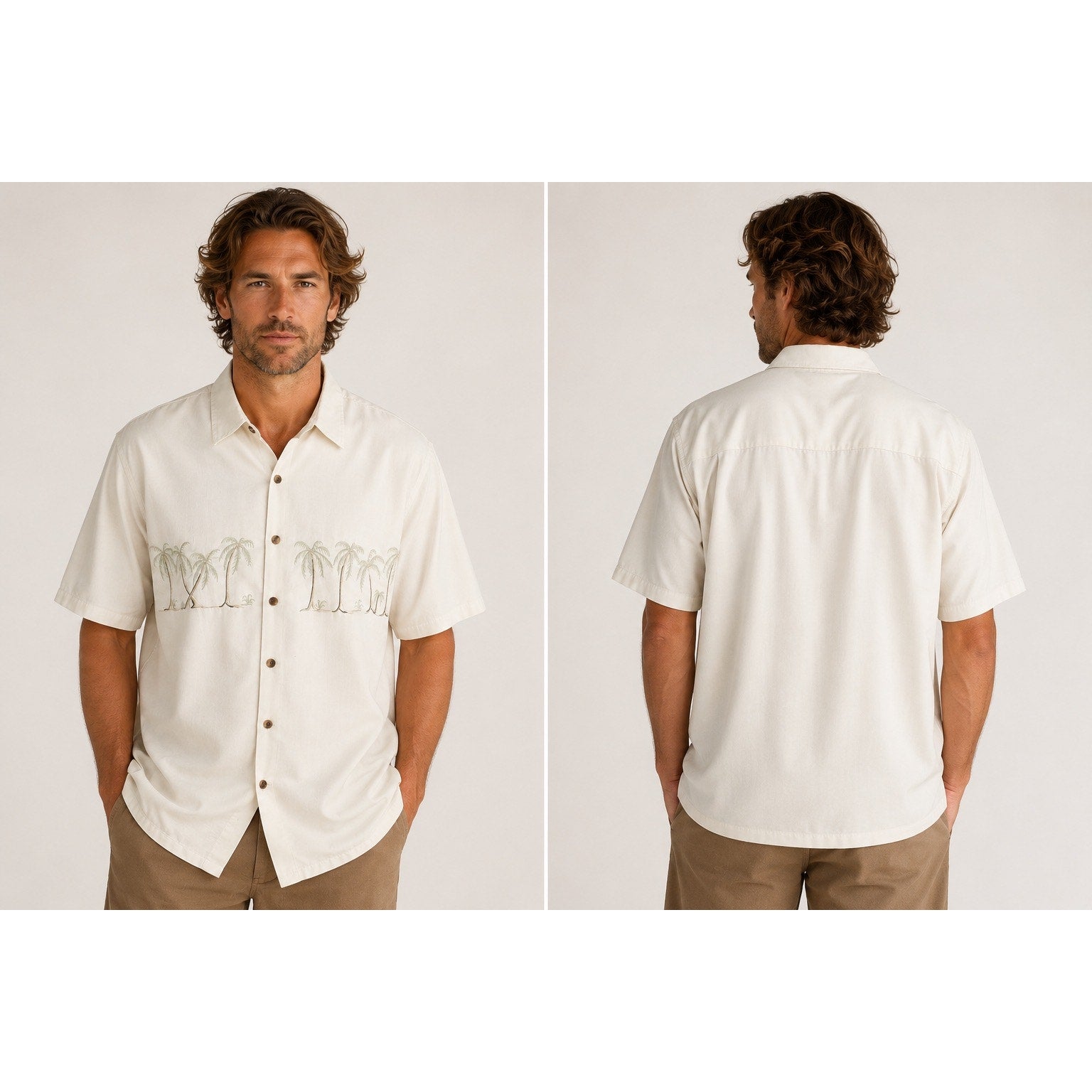 Bamboo Cay Hawaiian Tropical Palms Short Sleeve Button Down in Cream — Size L // Preowned