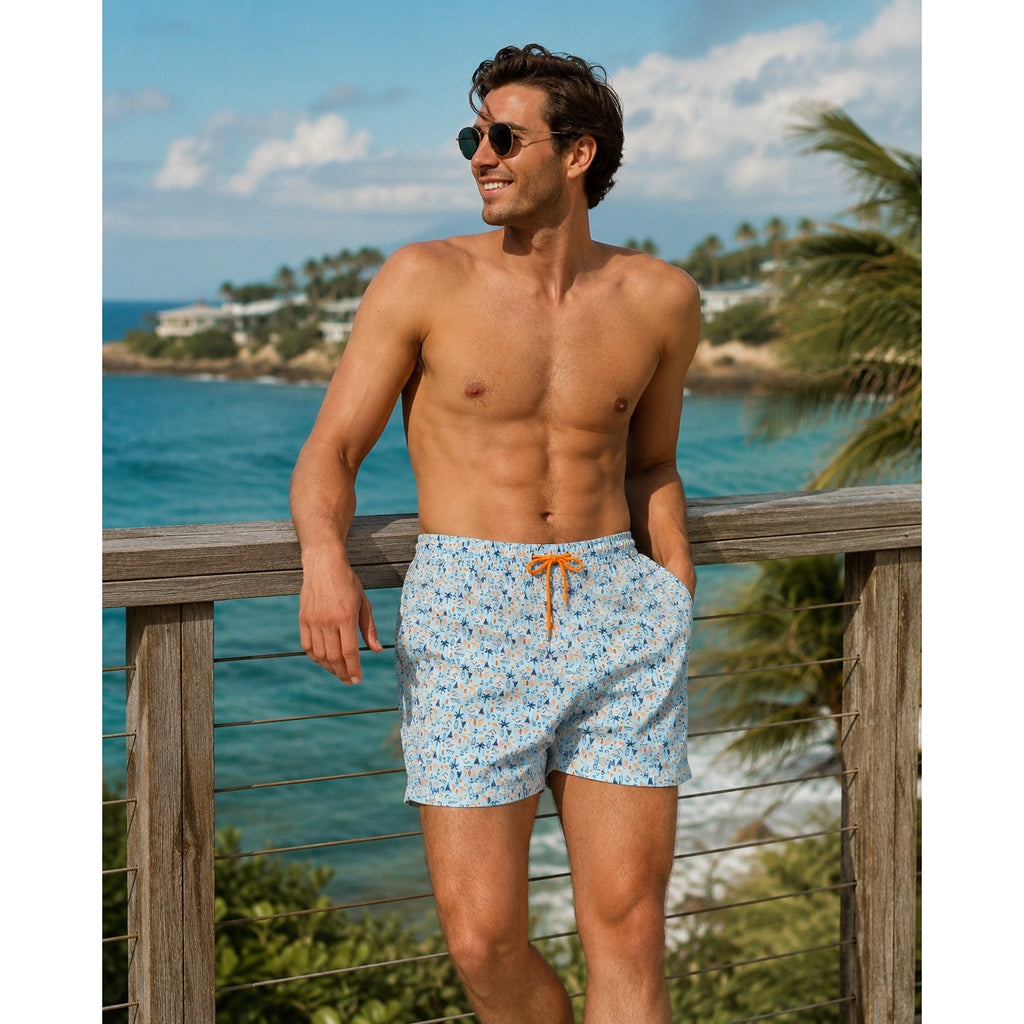 Robert Graham Beach Days Swim Trunks in Light Blue Navy and Orange — Size Large