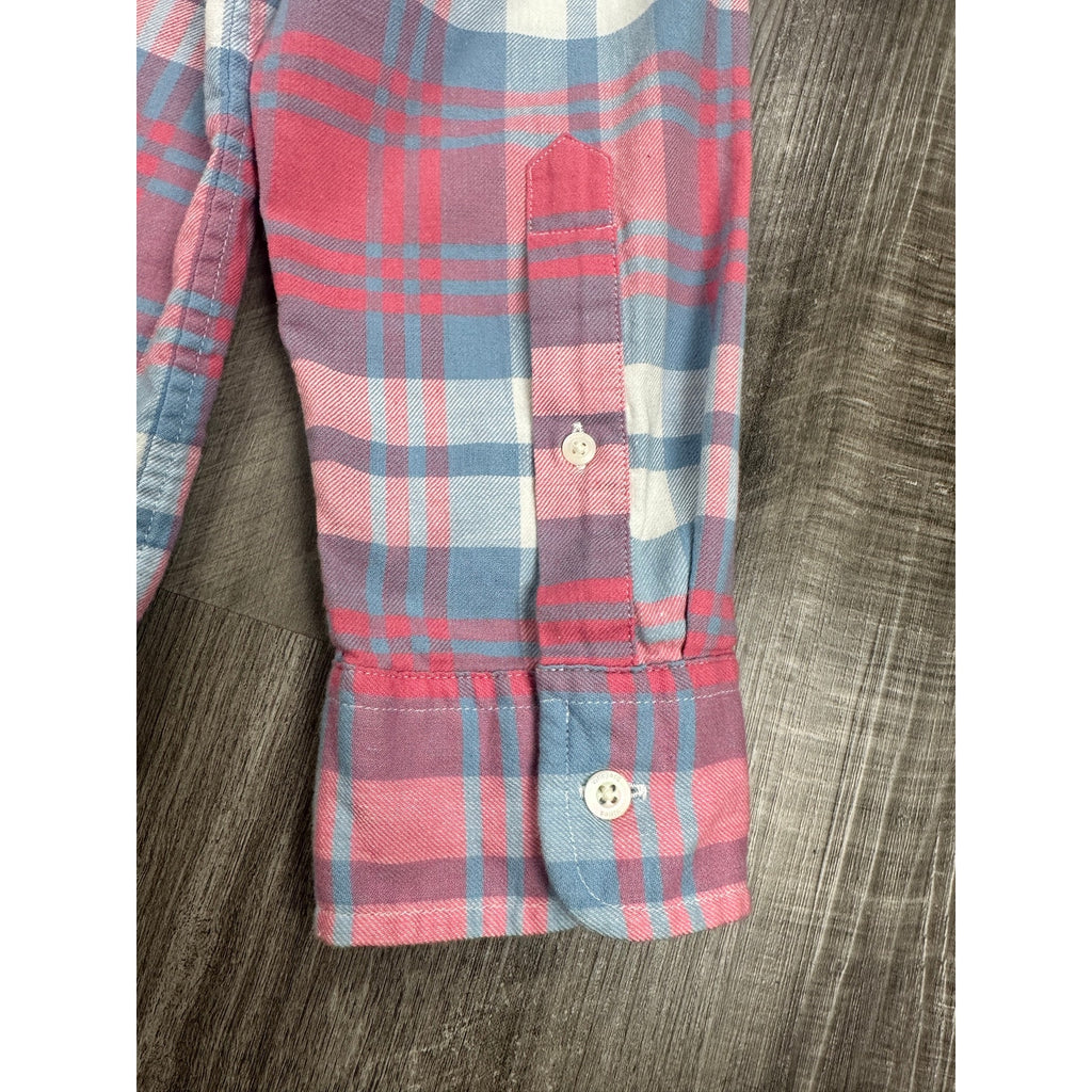 Vineyard Vines Slim Fit Tucker Shirt in Pink Blue Gray White Plaid Linen Blend — Size Large