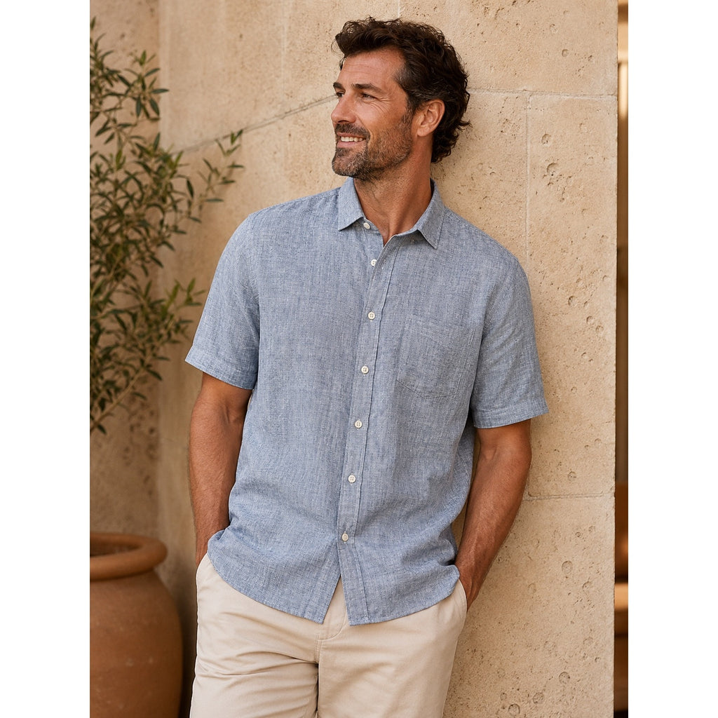 UNTUCKit Valente Linen Short Sleeve Button Down in Blue — Size Medium // Preowned