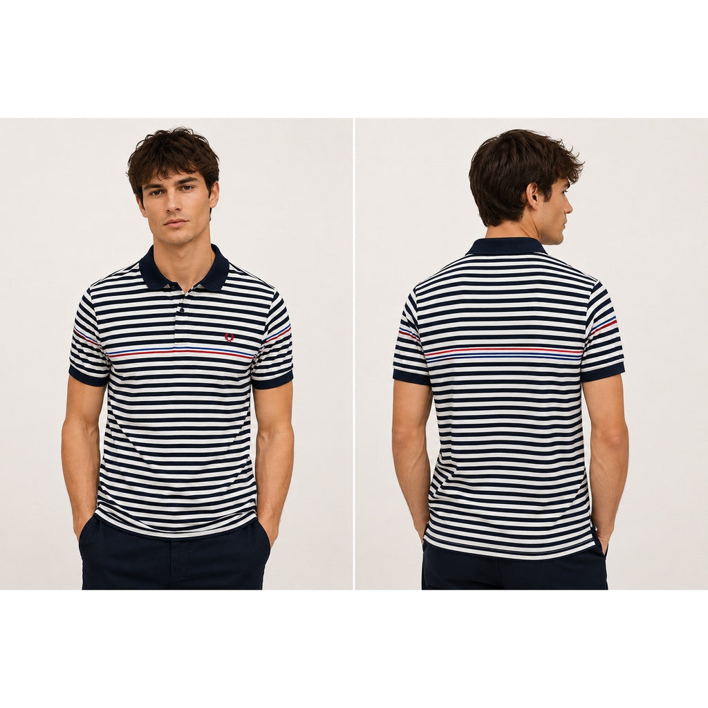 Fred Perry Slim Fit Striped Pique Polo in Navy White Red Blue — Size XL // Preowned