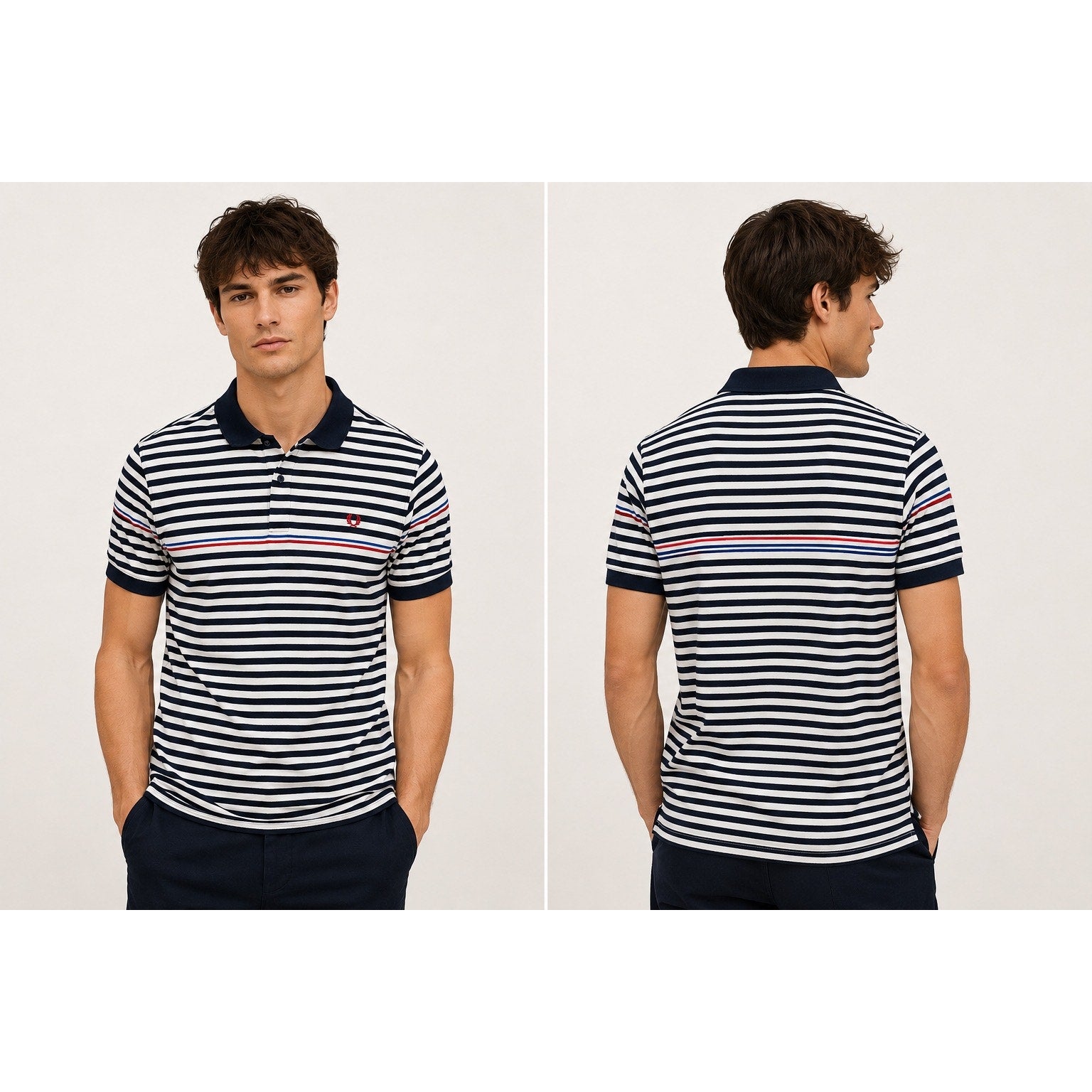 Fred Perry Slim Fit Striped Pique Polo in Navy White Red Blue — Size XL // Preowned