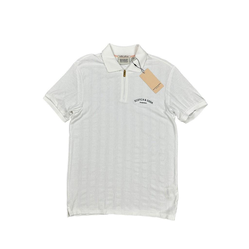 Scotch & Soda Popcorn Pique Zip Polo in Star White — Size Small