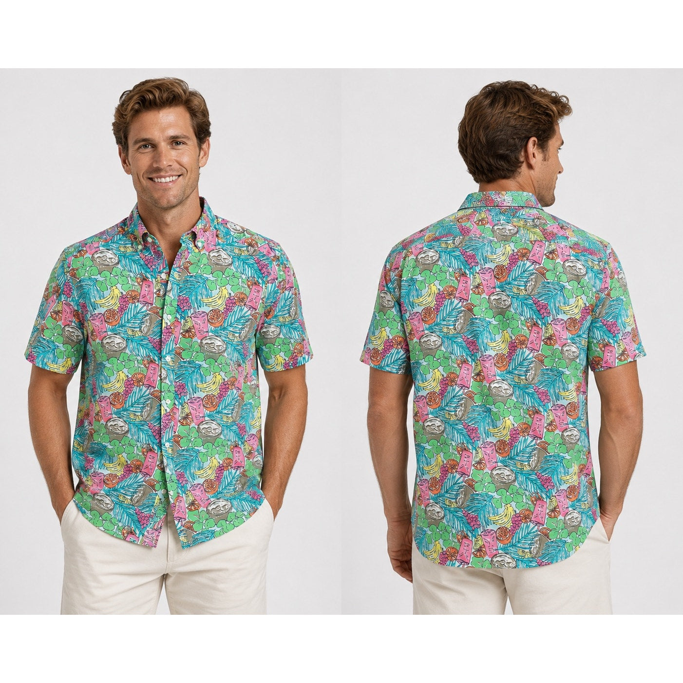 Vineyard Vines Tropical Classic Fit Short Sleeve Murray Shirt in Green, Pink, Blue, Yellow, Orange, Brown, White — Size XL // Preowned