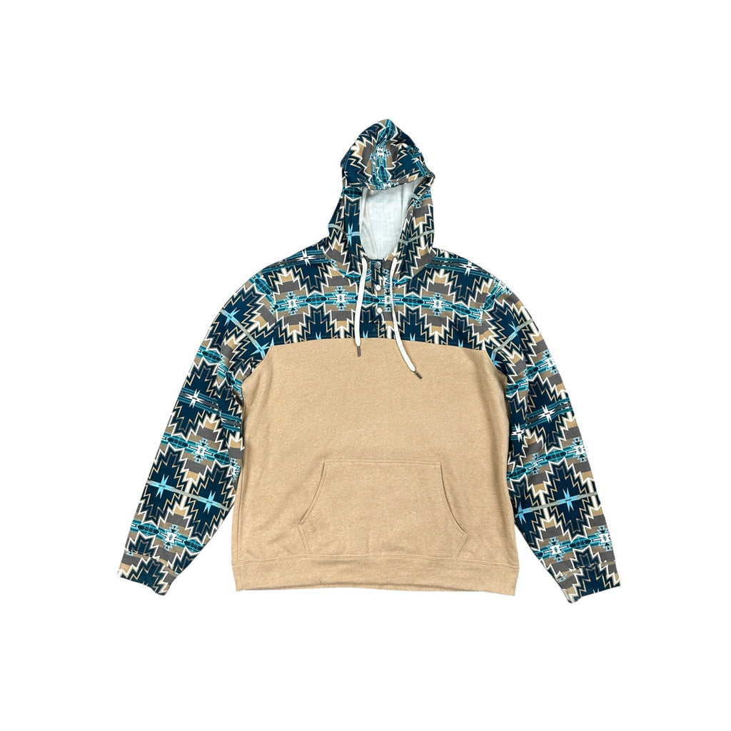 Rock & Roll Denim Aztec Color Block Graphic Tan Henley Hoodie — Size XL // Preowned
