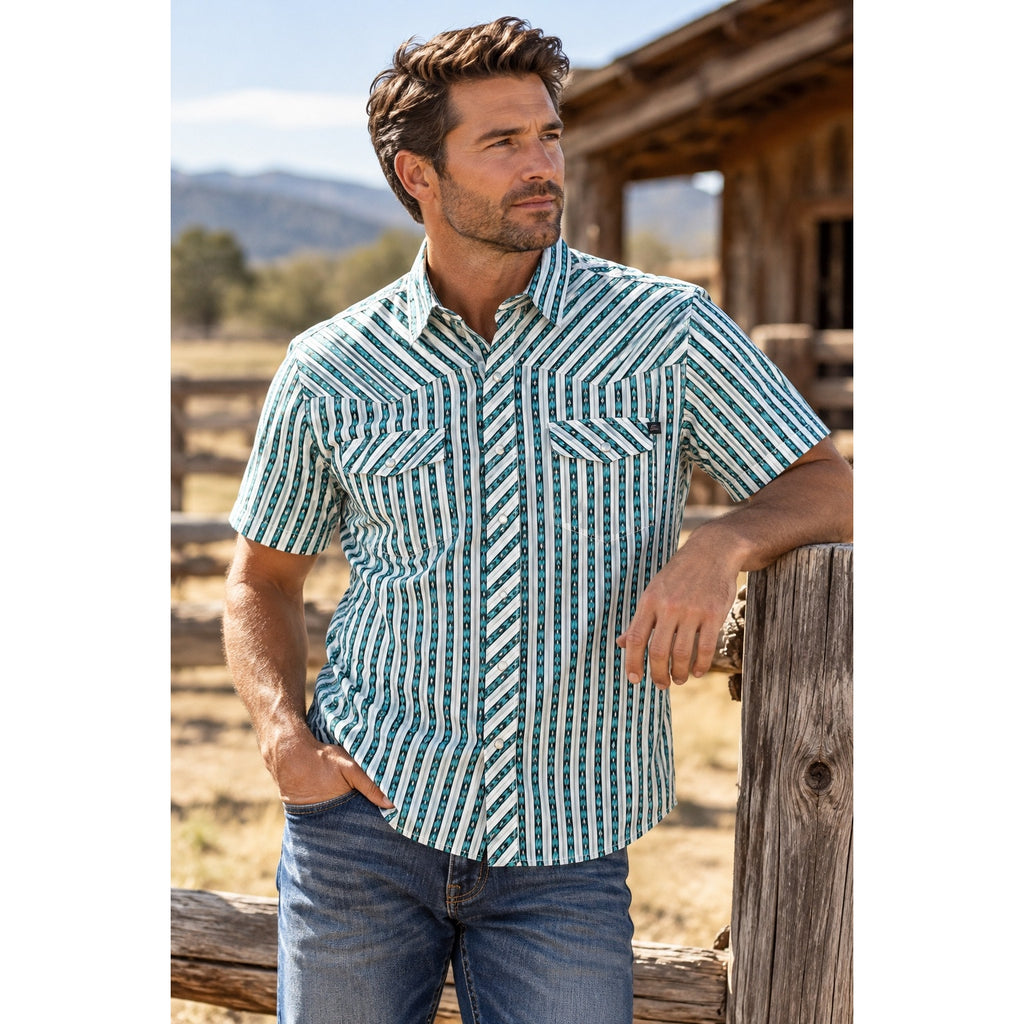 Rock & Roll Denim TEK Core Striped Short Sleeve Western Pearl Snap Shirt — Size Medium // Preowned