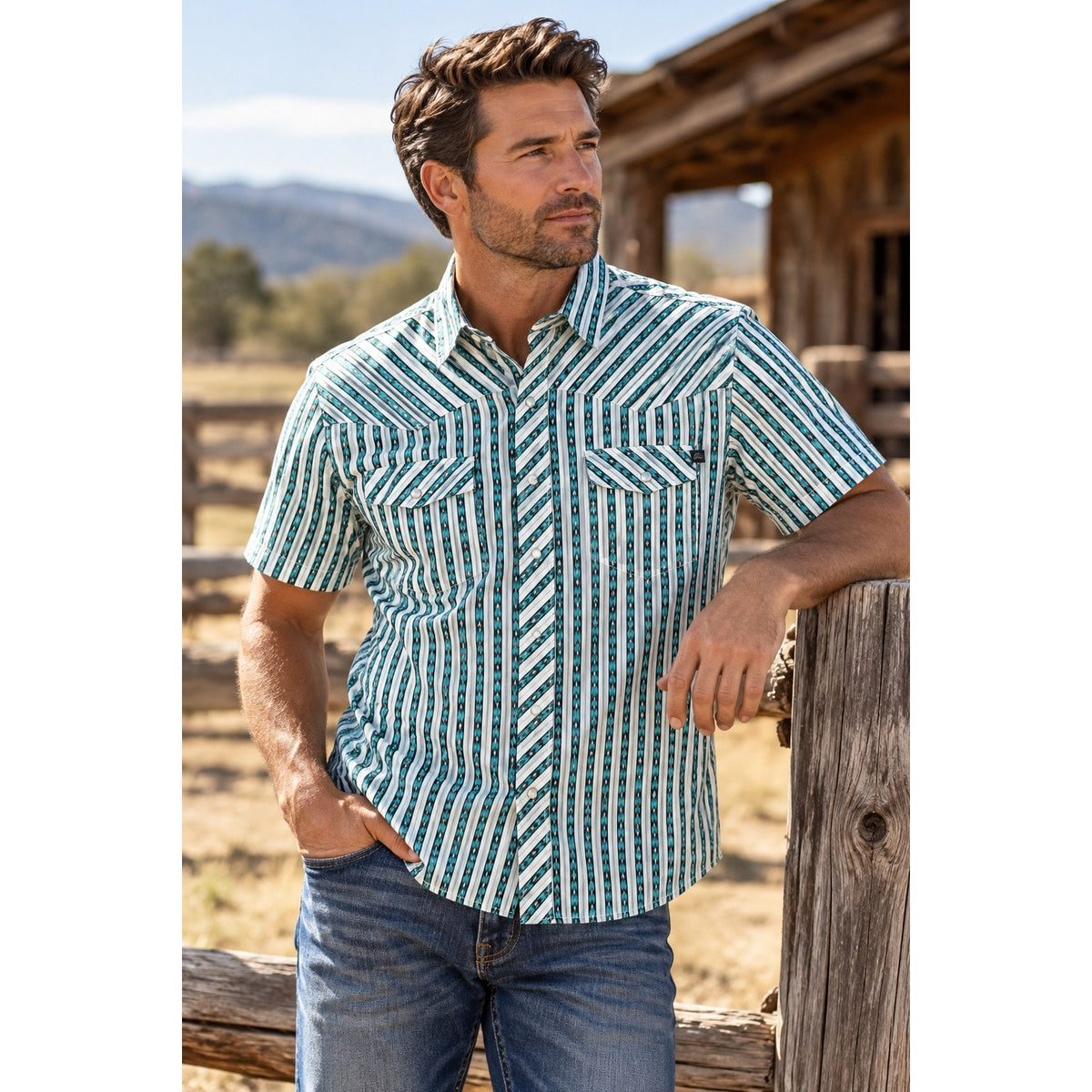 Rock & Roll Denim TEK Core Striped Short Sleeve Western Pearl Snap Shirt — Size Medium // Preowned