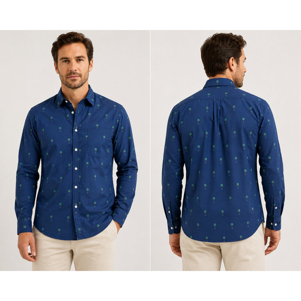 J. McLaughlin Gramercy Palm Trees Modern Fit Long Sleeve Shirt in Navy — Size Large