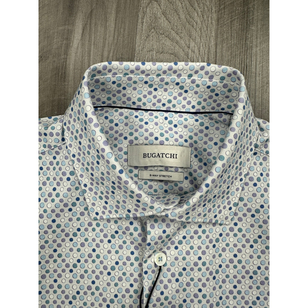 Bugatchi Miles Dot OoohCotton 8 Way Stretch Short Sleeve Shirt in Stone, Purple, Blue — Size Small