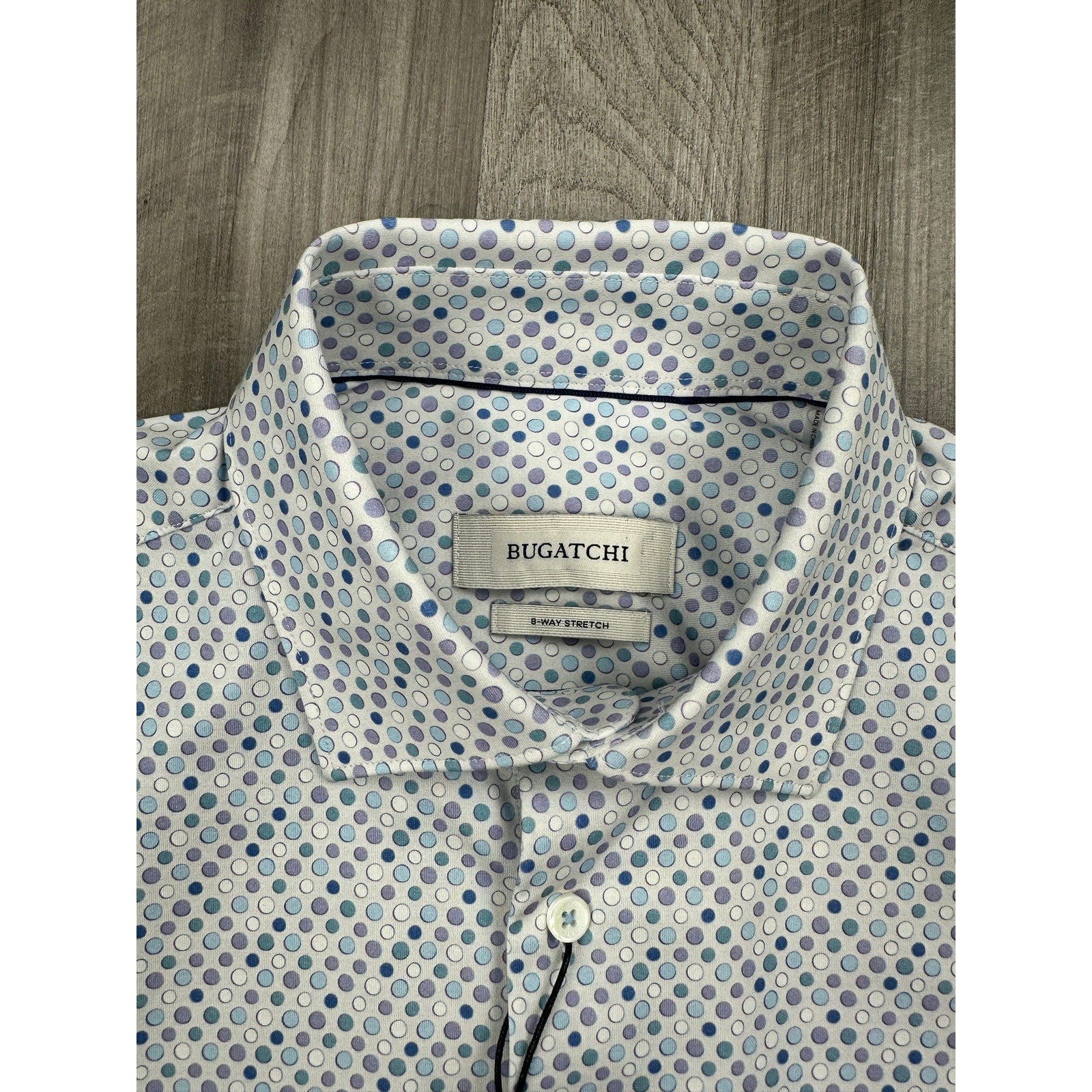Bugatchi Miles Dot OoohCotton 8 Way Stretch Short Sleeve Shirt in Stone, Purple, Blue — Size Small