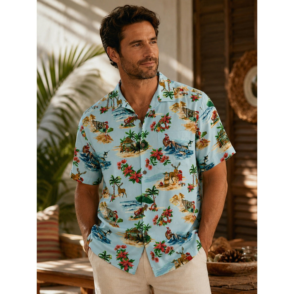 Tommy Bahama Santa Shores Tropical Hawaiian Christmas Short Sleeve Button Down in Light Sky — Size XS