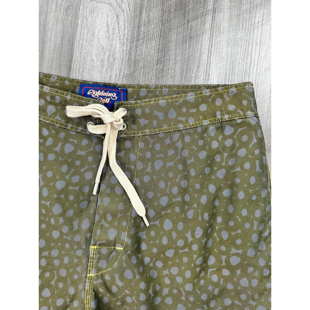 Lightning Bolt Circle Board Shorts in Olive, Gray — Size 30 // Preowned